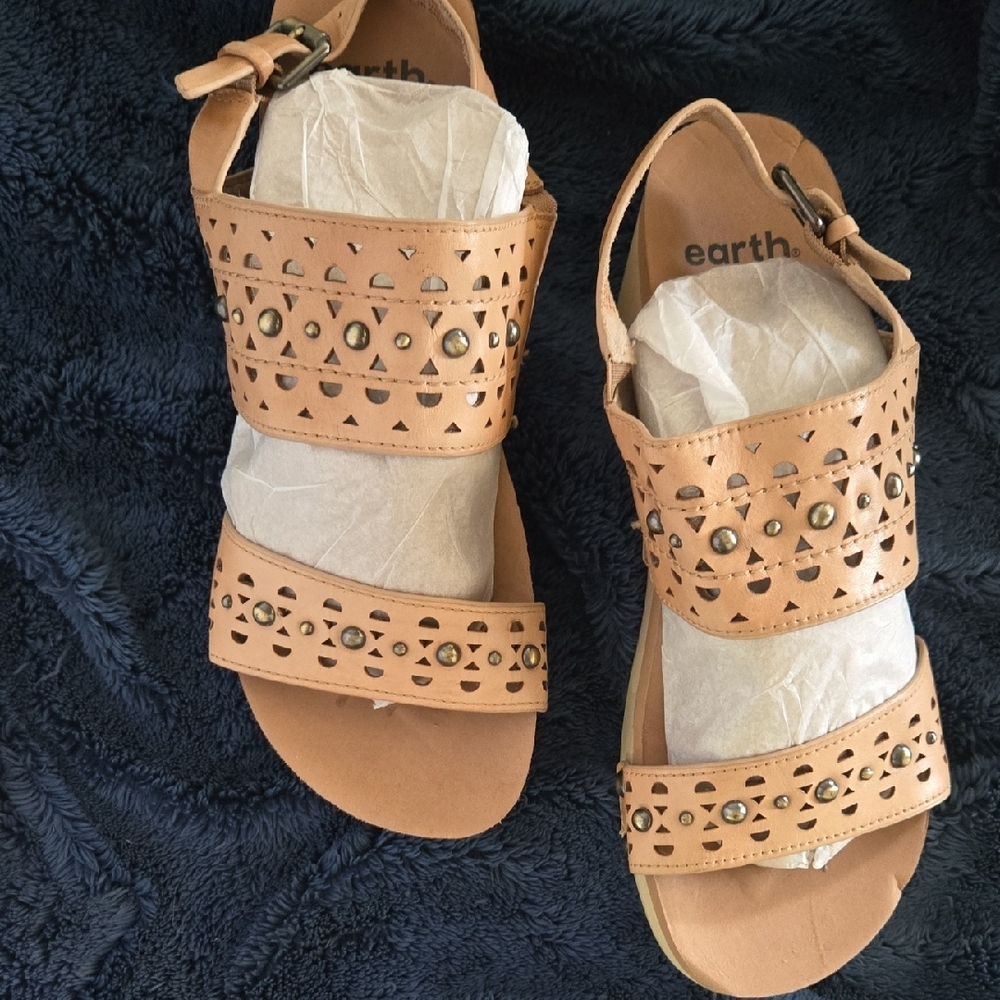 Earth Tan Sandals with Perforated Design and Ankle Strap - Picture 2 of 15